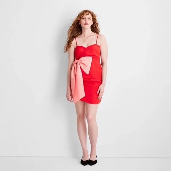Future Collective Red with Pink Bow Holiday Sweetheart Bow Mini Dress size L - Picture 1 of 15